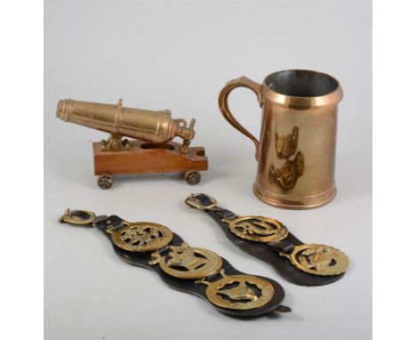 A quantity of brassware to include 3 reproduction martingales, decorative ornaments and a mahogany cased barometer / thermome