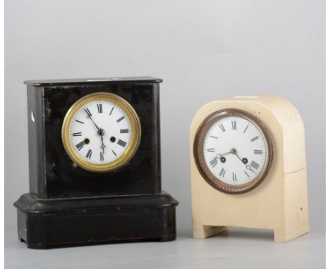 Mantel clock, black painted case, the movement striking on a gong, 26cm and another clock in a painted case, French cylinder 