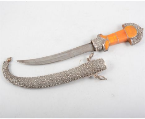 Persian pattern 'jambya' dagger, metal mounts and scabbard, 46cm.