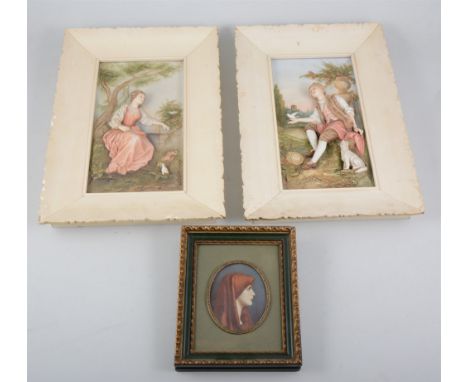 Pellegrini, miniature portrait, head and shoulders profile of a lady, 8x6cm, and a pair of Continental porcelain plaques, (3)
