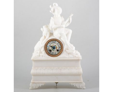 Late 19th Century French alabaster mantel clock, figural case, cylinder striking movement, the case rebuilt, 45cm.