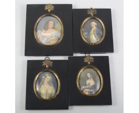 Four printed portrait miniature prints, in ebonised frames, (4).
