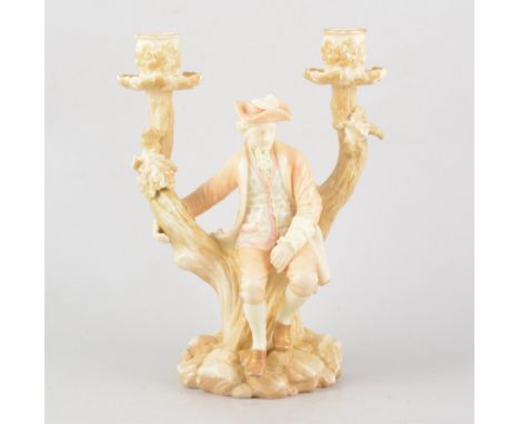 A late 19th century Royal Worcester blush ivory candlestick depicting a man sitting on a tree, height 25.5cm.