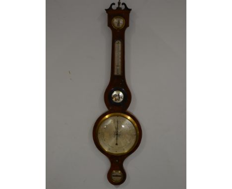 Victorian mahogany banjo barometer, swan neck pediment, boxwood and ebony strung outlines, silvered dials and mirror panel, s