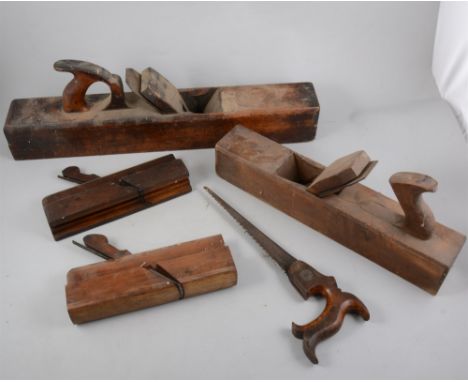 Two boxes of assorted hand tools and planes.