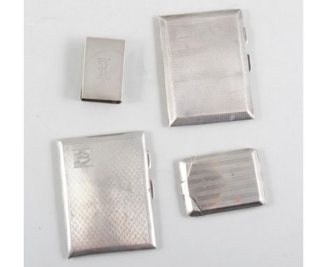 Two small silver engine turned cigarette cases, Birmingham 1926, 1931, a book match case, Birmingham 1925 and an 800 matchbox