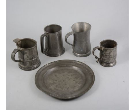 Collection of pewter tankards and spoons and two plates, some of Russian origin, a pair of brass candlesticks and a brass "Ne