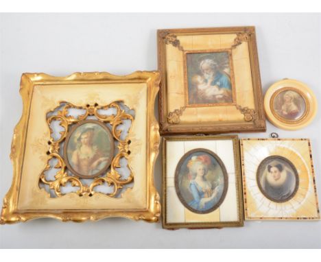 Contemporary miniature portrait, lady with a feathered bonnet, 8x6cm, probably overpainted, and a small collection of other m