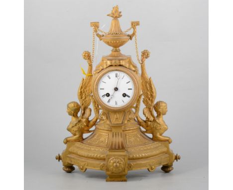 19th Century French gilt spelter mantel clock, the case with urn finial, circular enamelled dial, cylinder movement striking 