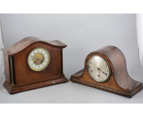 Edwardian inlaid mahogany mantel clock, cylinder movement striking on a gong, 29cm and an oak mantel clock, 1930's, (2).