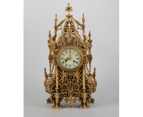 French cast brass mantel clock, architectural design case, circular dial with Roman numerals, 48cm.