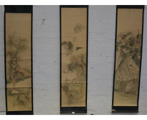 Four Chinese scroll paintings, landscapes, various sizes, (4).