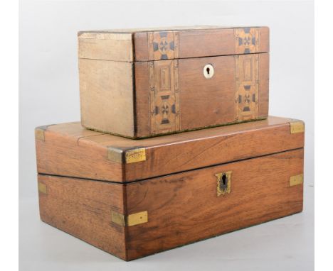 Victorian walnut writing slope, brass mounts, 30cm, and a Victorian walnut and inlaid tea caddy, (2).