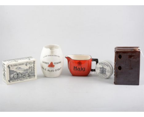 Collection of advertising pots lids, including Anchovy Paste, box, jug and 'book' flask.