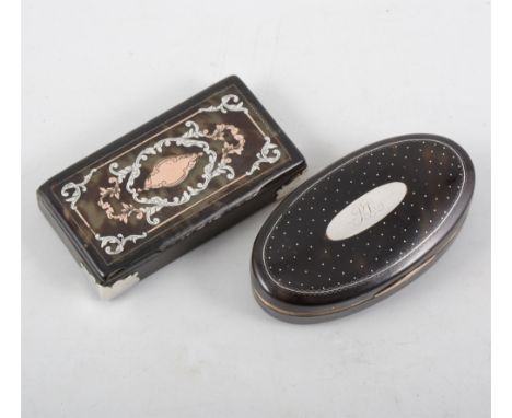 Two early 19th century tortoiseshell snuff boxes, a rectangular box with silver coloured front corners and cover inlaid with 