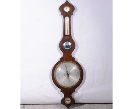 Victorian banjo barometer, silvered dials, one signed S. Salkind, Norwich, 107cm.