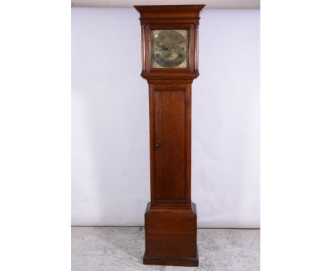 Oak longcase clock, moulded cornice, plain frieze, the hood with three quarter turned columns, long door, plinth base, 11" sq