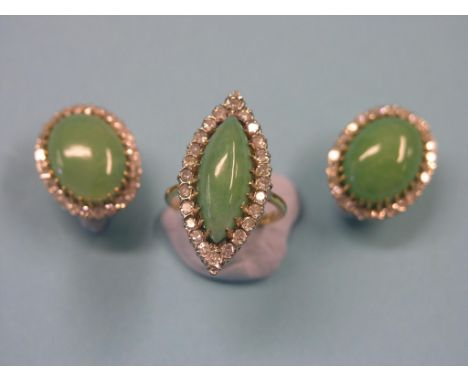 A pair of jade and diamond ear-clips, and matching marquise ring, claw settings, ring size M