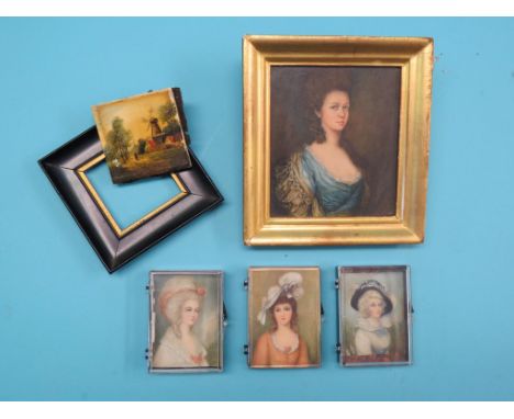 Three rectangular portrait miniatures, attributed to L. Parker and two other framed miniature paintings