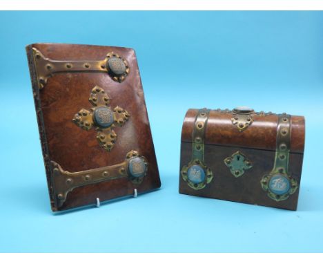 An early Victorian Leuchars burr walnut stationery casket and matching blotter, each with cusped gilt-brass mounts and inset 