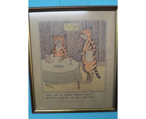 After Louis Wain - pen and wash comic sketch, bearing signature, and six further framed Louis Wain comic illustrations