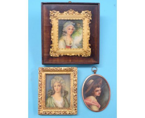 A rectangular portrait miniature, attractive young female in Victorian mahogany and moulded gilt frame, and two other female 