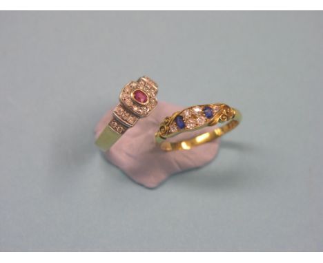 Two 18ct. gold rings, diamonds and sapphires in carved setting, diamonds and ruby in stepped setting, sizes Q/R and O resp.