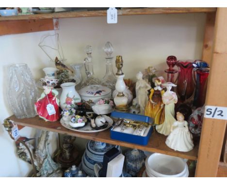 Ornamental china and glassware, including Royal Doulton Fair Lady, HN2832, Whitefriars-type glass vase, ruby-overlaid glass d