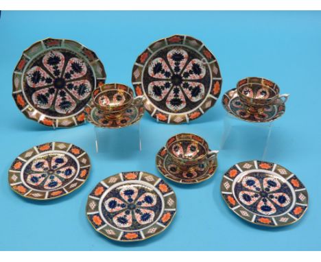 Royal Crown Derby 1128-pattern teaware, three cups, three saucers, three side plates and two serving plates, date-codes vary,
