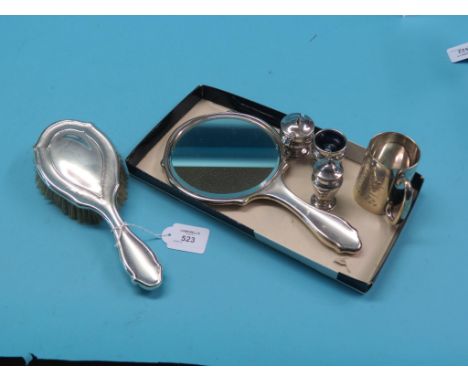 A silver condiment trio, Birmingham 1963, one silver server spoon not matching, together with an engraved silver christening 
