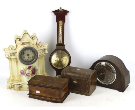 A mixed lot of clocks, etc. Including a Sorento ware box in the form of books with a secret compartment, a 19th century inlai