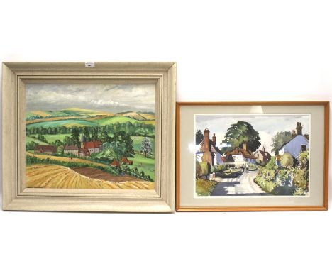 Two contemporary paintings depicting rural village scenes. Comprising an oil on board signed 'Anne Norfolk', 54cm x 44cm, and