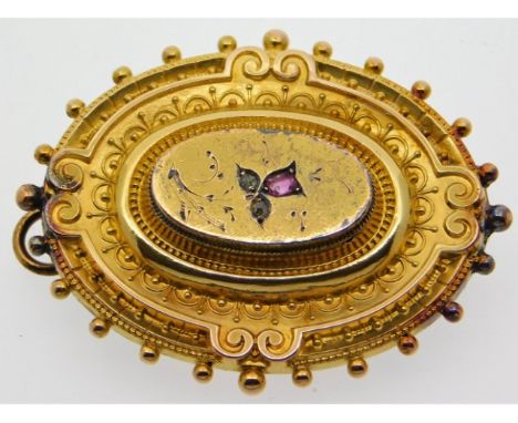 A Victorian yellow metal mourning brooch, a/f, set with diamond &amp; ruby, tests as 15ct gold, 7.3g 