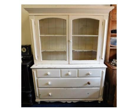 A 19thC. pitch pine painted kitchen dresser with glazed drawers, loose handle in drawer, 80in high x 60.75in wide x 21in deep