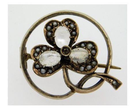 A 19thC. yellow metal brooch, tests electronically as 10ct gold, set with pearl &amp; moonstone, small centre stone missing, 