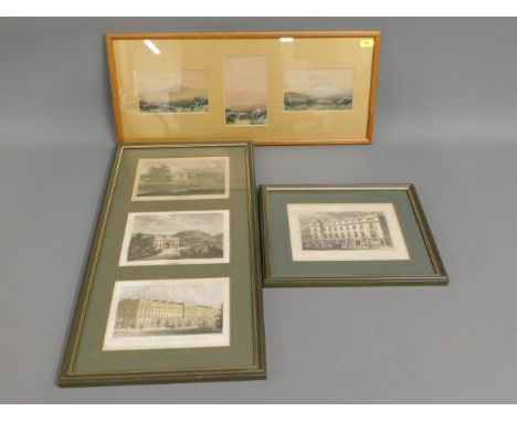 An unsigned Dartmoor watercolour triptych, 19.25in x 8.75in inc. frame twinned with two framed antique architectural prints 