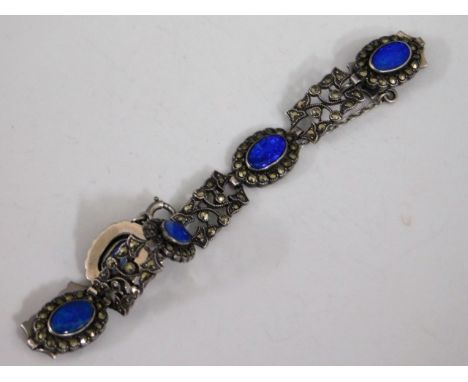 A silver (tested) bracelet set with marcasite &amp; black opal style "stones", 18g 