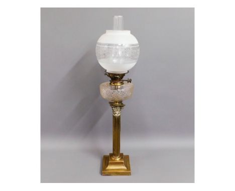 A brass Victorian oil lamp with Messenger burner, Corinthian column stand &amp; etched shade, 30.5in tall