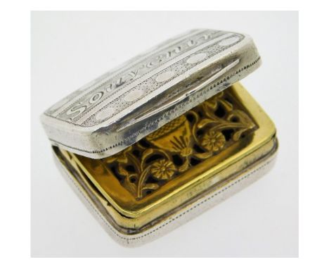 An early Victorian 1857 Birmingham silver vinaigrette by Matthew Linwood with gilded grille, 30x25x10mm, 18.2g, inscribed "So