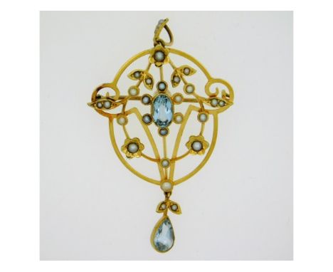 An Edwardian 15ct gold pendant/brooch set with natural pearl &amp; aquamarine, 52mm total drop, 5g