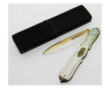 An 1850 Birmingham silver mother of pearl fruit knife with original case by George Unite, 20.4g