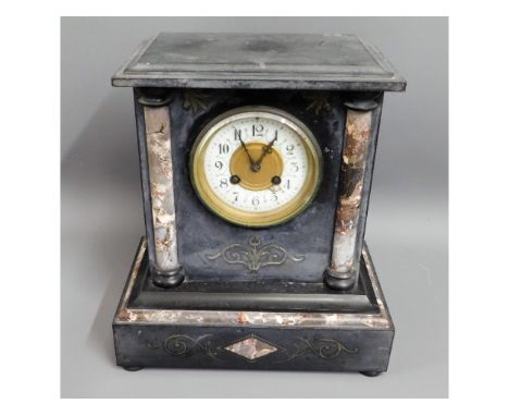 A Victorian slate mantle clock with marble columns, 12.25in tall