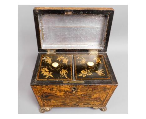 A c.1810 Regency period Chinoserie tea caddy, 7.5in wide x 6.25in high x 4.5in deep