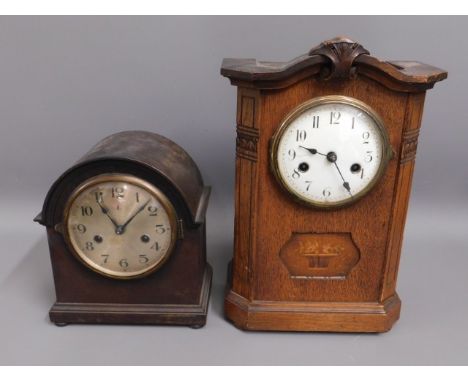 An Edwardian oak cased clock 14.25in tall &amp; one other 