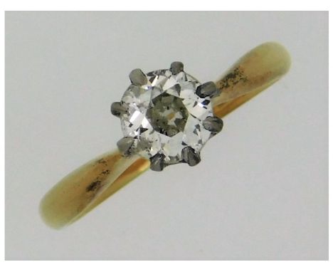 An antique 18ct gold solitaire ring set with approx. 0.80ct old cut diamond, some inclusions using a 10x loupe, estimated K/L