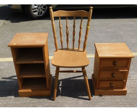 Two pine bedside chest of drawers, one pine bookcase &amp; one chair 