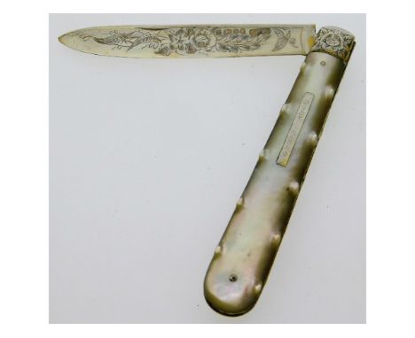 An 1888 Sheffield silver mother of pearl handled fruit knife by Thomas Prime &amp; Son, 37.7g