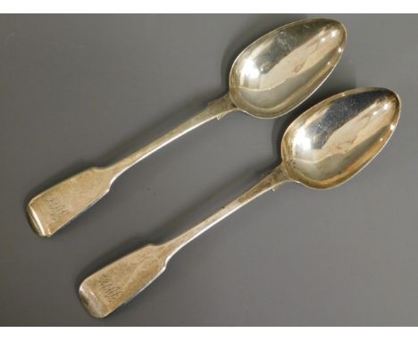 A pair of William IV 1836 London silver spoons, rubbed maker marks, monogrammed JWEC, 131g