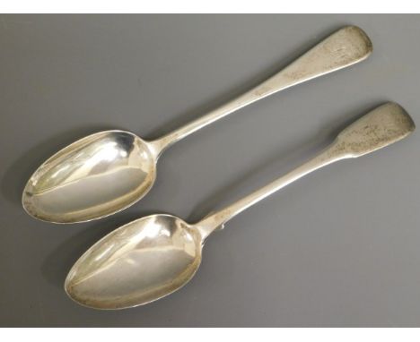 A Georgian London silver tablespoon by Thomas Wilkes Barker, 1807 twinned with an early Victorian, 1838, table spoon by Benja