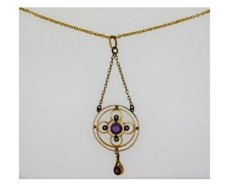 A 9ct Edwardian pendant with 16in chain set with amethyst &amp; natural pearl, drop of pendant, 58mm, 3.4g